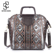 Famous Brand Women Genuine Leather Shoulder Bags Embossed Floral National Style Handbags Small Clutch Tote Elegant