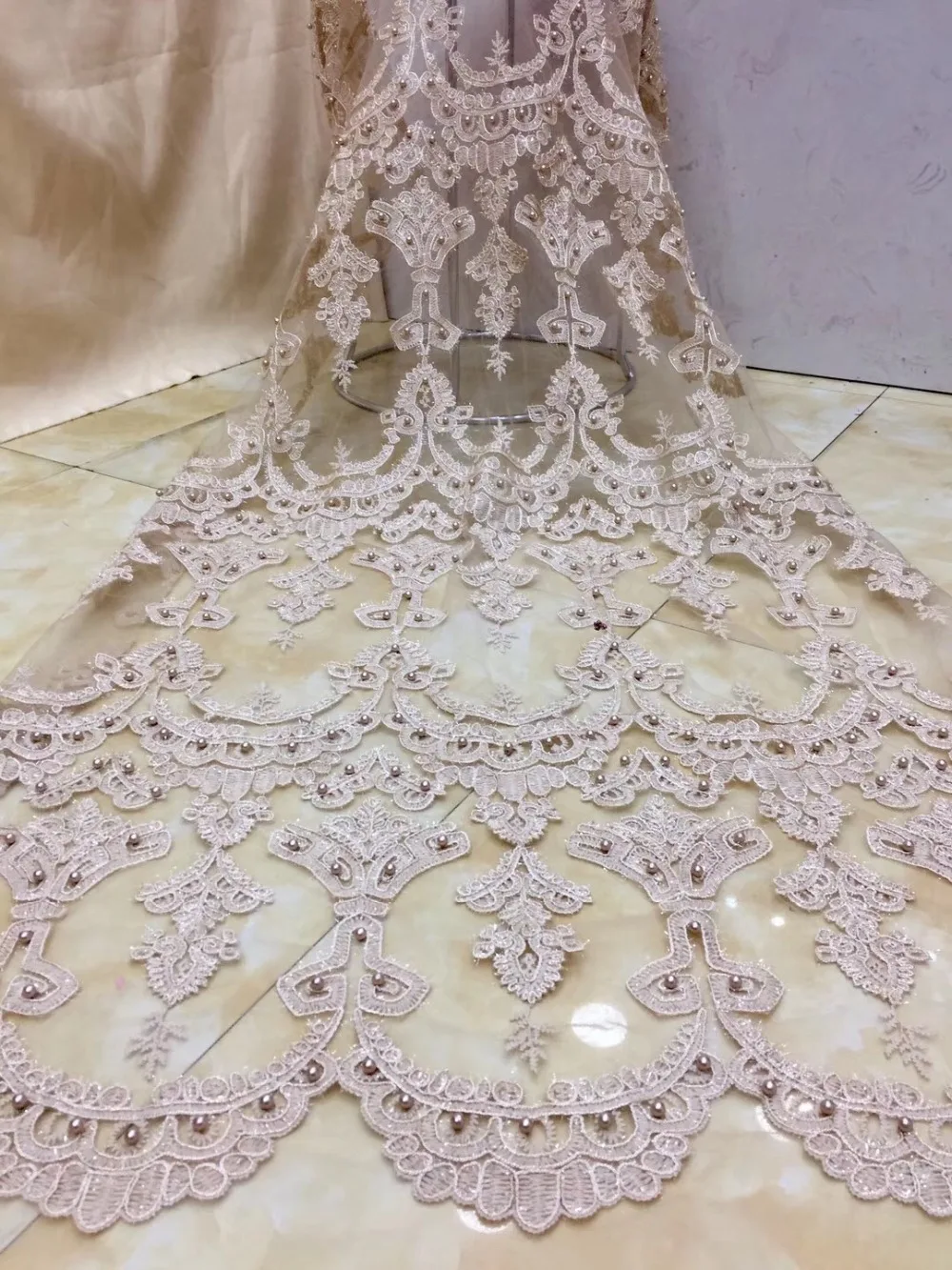 

New African lace fabric, French lace embroidered with fine beads in tulle lace fabric Nigerian banquet dress