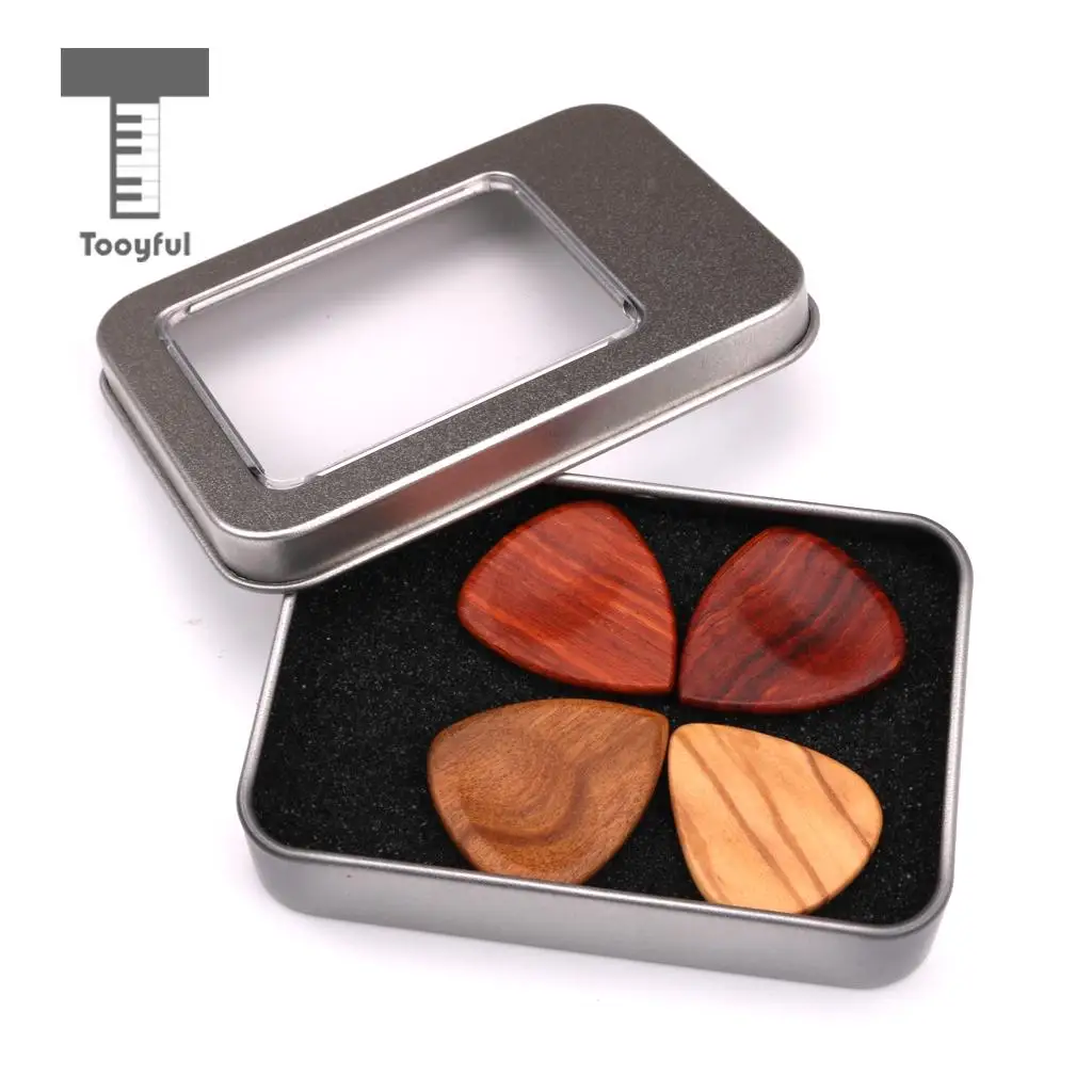 Tooyful Exquisite 4pcs Wooden Guitar Plectrums Picks with Iron Box Set Musical Instrumnet Parts for Guitar Bass Mandolin Banjo