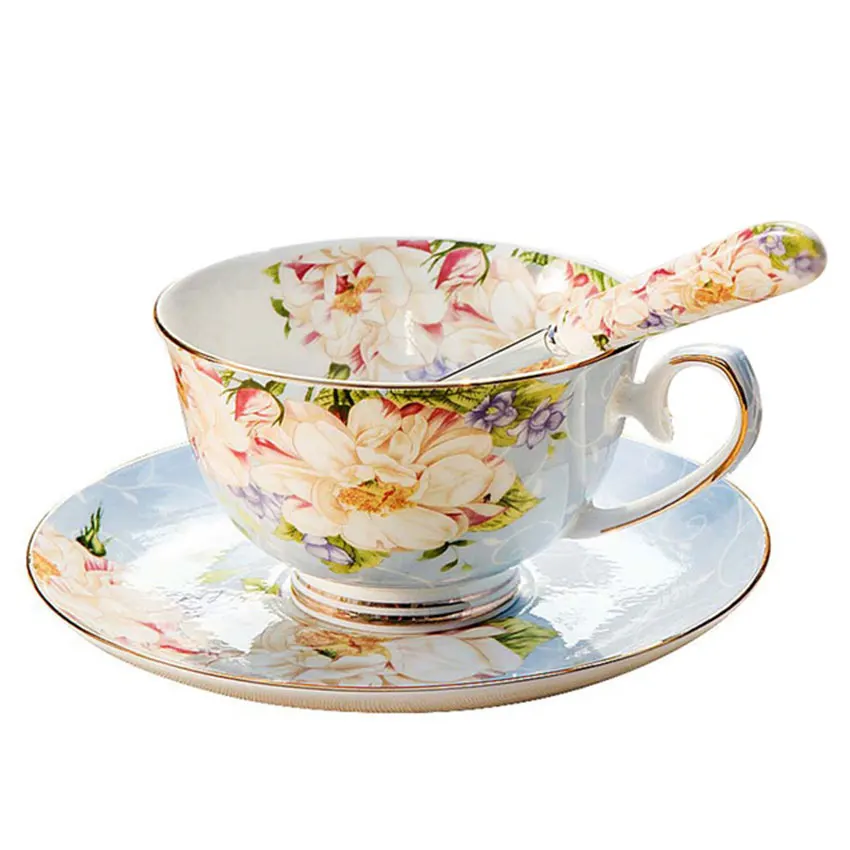 Креативный Европейский цветок розы костяного фарфора кофейная чашка и блюдце в золотой оправе цветочные керамические чашки послеобеденные наборы чашек