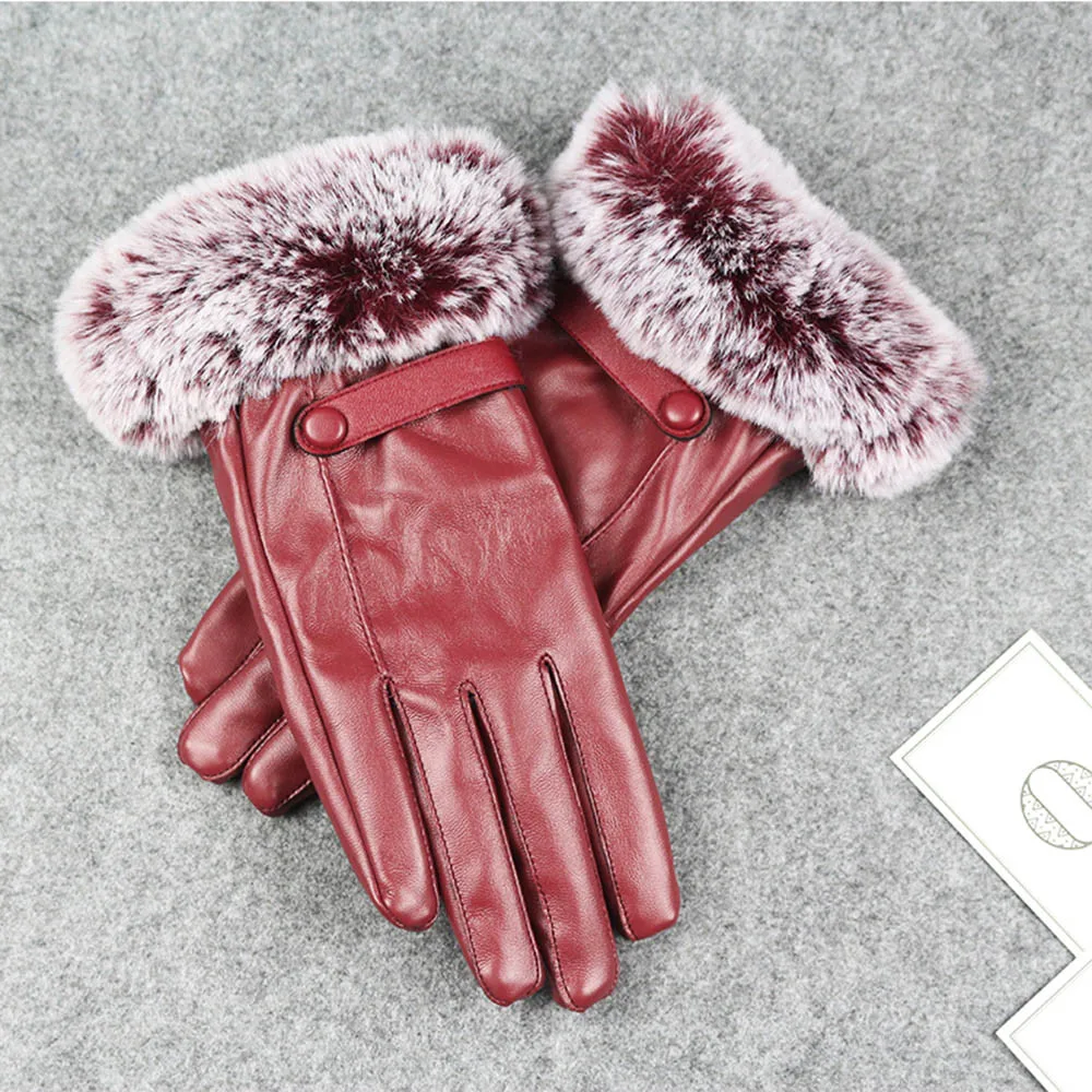 Женские черные кожаные перчатки осень-зима теплые кроличьи меховые Варежки Унисекс сенсорный экран мягкие теплые перчатки для мужчин и