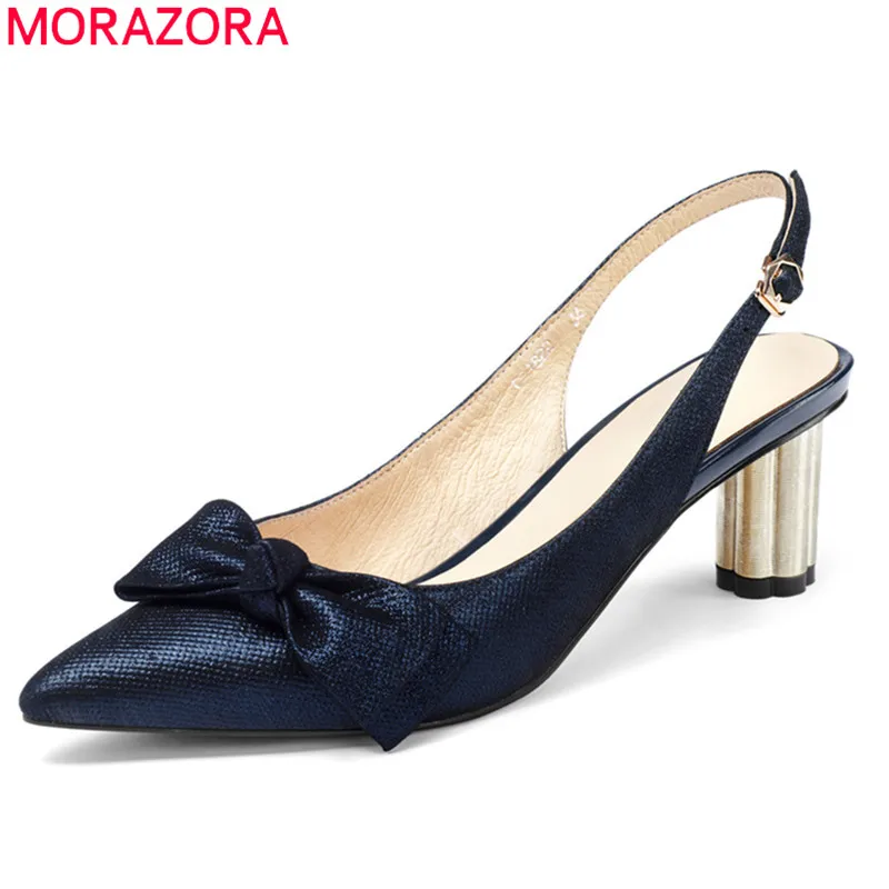 

MORAZORA 2018 genuine leather shoes pointed toe women sandals bowknot buckle party wedding shoes square high heels shoes woman