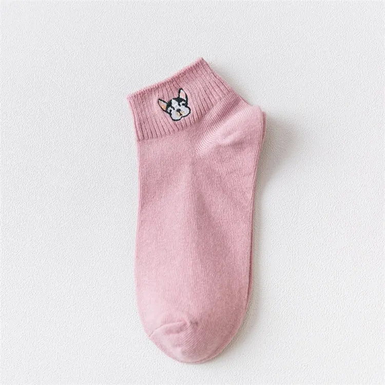 Носки для женщин, хлопковые короткие носки с вышивкой в виде собаки, летние носки в стиле Харадзюку, Женские Повседневные Носки с рисунком, Прямая поставка - Цвет: Розовый