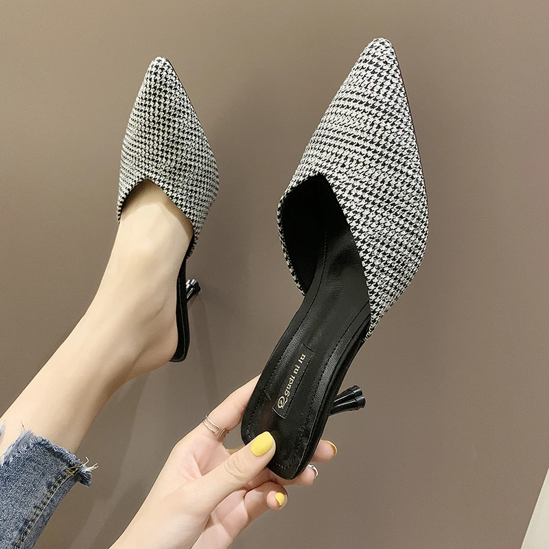 2019 Houndstooth و غريبة نمط النساء البغال واشار تو عالية الكعب النساء مضخات أنيقة النساء مكتب أحذية g222