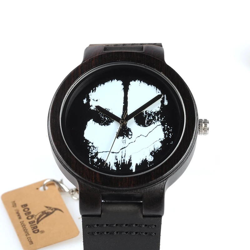 BOBO BIRD WD24 Ebony Wooden Watch for Men Cool Skull Printing Dial Face Quartz Watches accept OEM Drop Shipping