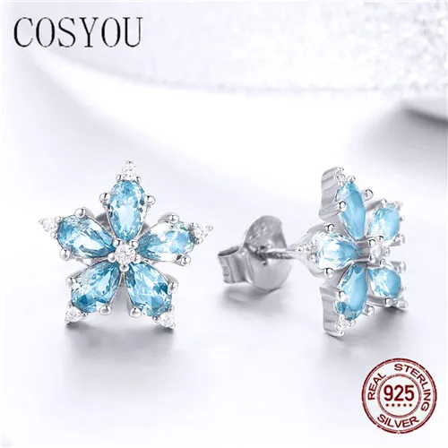 

COSYOU 2019 Blooming Snowflakes Light Blue CZ Stud Earrings for Women Fashion Silver 100% Authentic 925 Sterling Silver SCE525