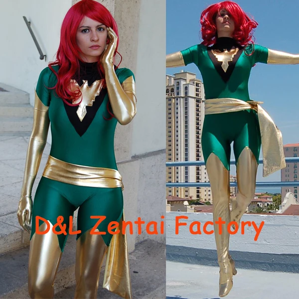 Free Shipping DHL Jean Grey Costume X,Men Phoenix Lycra Spandex Green and Shiny Metallic