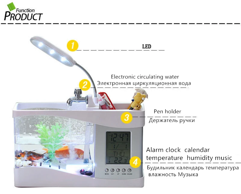 Модный Мини USB Настольный аквариум с светодиодный лампой дисплей светодиодный экранные часы держатель для аквариума стежень баллона