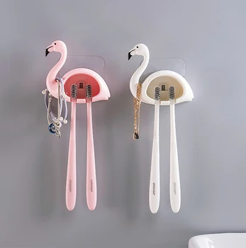 

MENGXIANG Flamingo Sucker 2 Position Toothbrush Holder Suction Hooks Bathroom Accessories Family Set Wall Bathroom 9.2*3.5*9cm