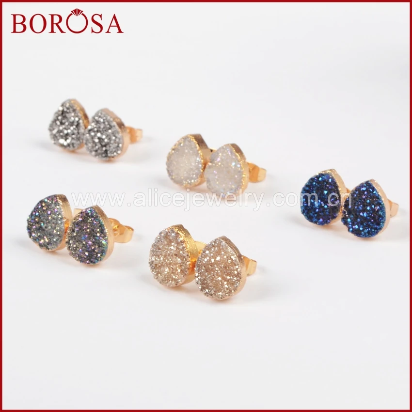 Женские серьги пусеты BOROSA 1 пара золотых кристаллов с натуральным кристаллом Druzy