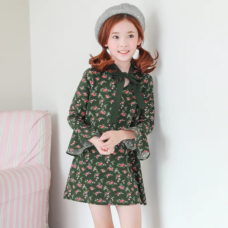

2018 New European And American Style Girls Dresses Spring Pattern Printing Long Sleeves Green Girl Dresses For 4-16 Year Ds583