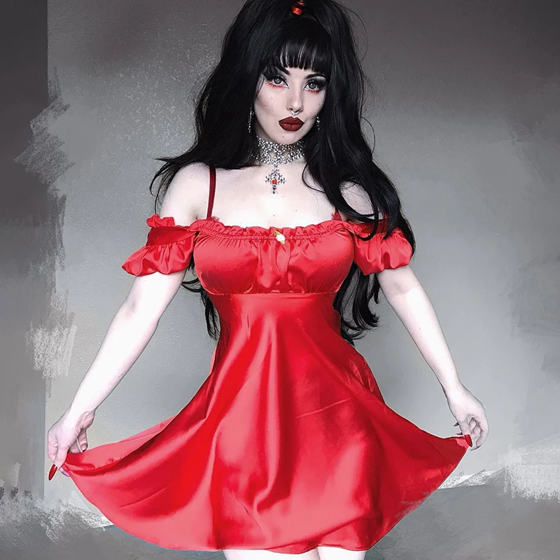 

Gothic Light Red Dress Off Shoulder Ruffles Sleeve Stain Mini Party Dress Summer Goth Elegant Sexy Vintage Female Lolita Dresses