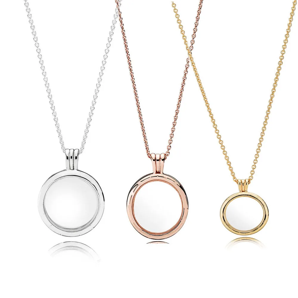 

NEW Authentic 925 Sterling Silver 3 Color Rose Medium Floating Locket Necklace with Pendant Fit pan necklace Charm DIY Jewelry