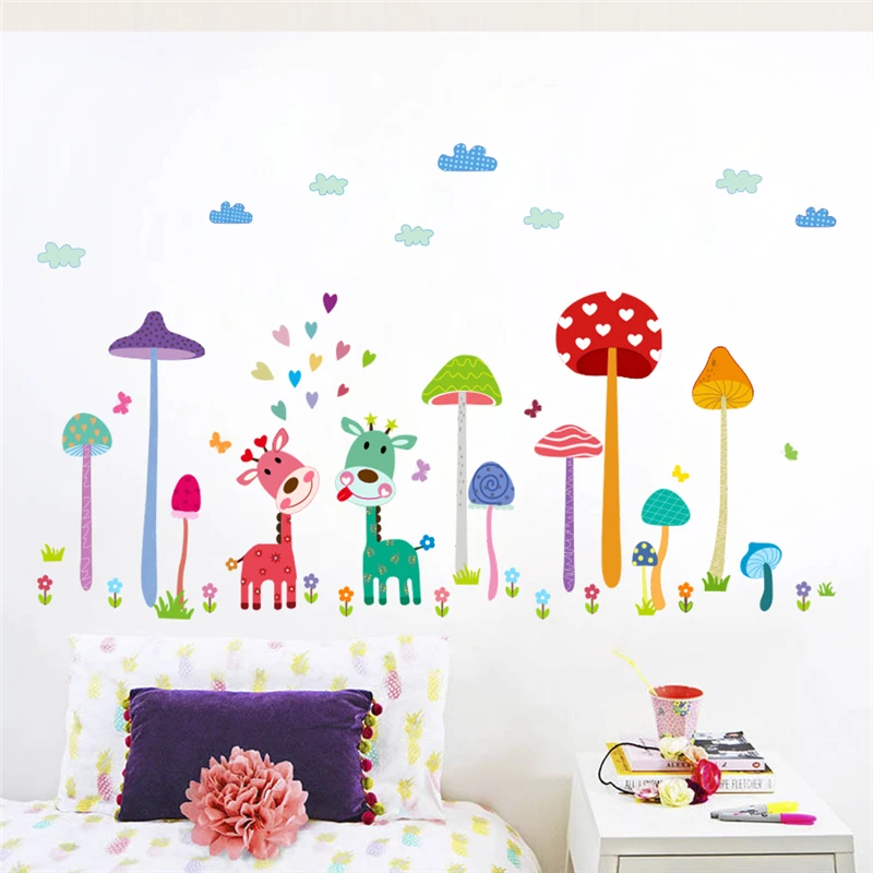 cartoon giraffe mushroom world wall decals kids rooms bedroom home