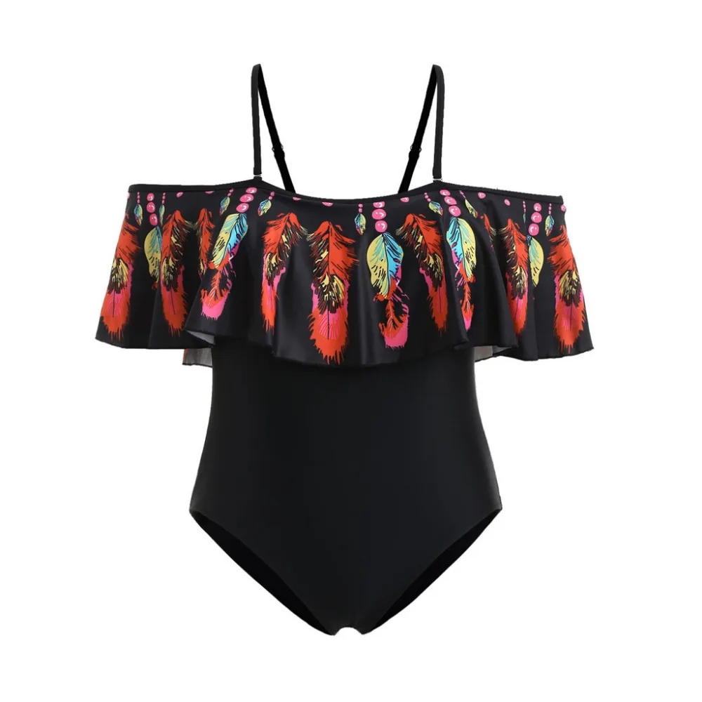 2019 Women's plus-size sexy summer bikinis set  feather print one-piece ruffled swimsuit push up bikinis mujer brasile a 40J8 (18)