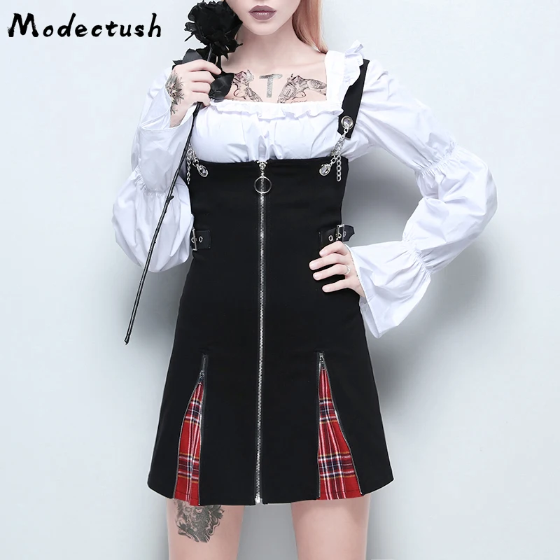 

Modecrush Women Zipper Patchwork Mini Spaghetti Strap Dresses Splicing 2019 Summer Plaid Chain Belt Punk Dress Casual A line