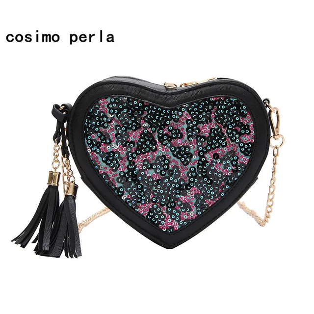 Heart Shaped Bag Sequins Tassel Chain Shoulder Bags Famous Brand