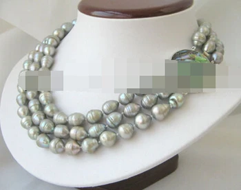

Jew2472 Beautiful 3row 13mm gray baroque freshwater pearl necklace-abalone shell clasp