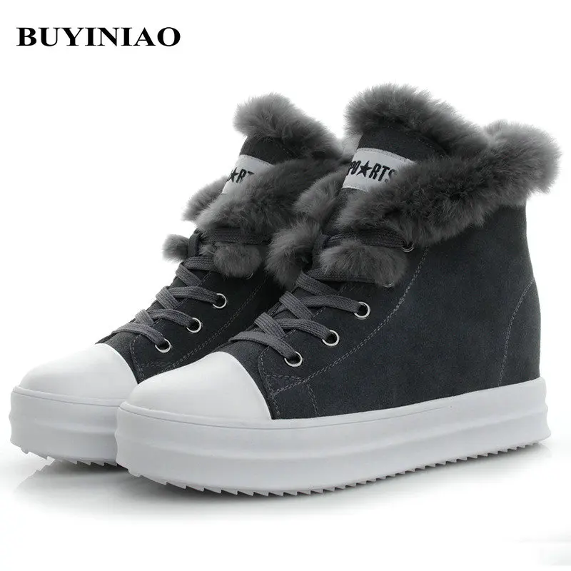 

2019 Rabbit Fur Short Boots Winter Ankle Boots Cowhide Leather Platform Boots Lace-up Spring Autumn Ladies Boots Size 35-39