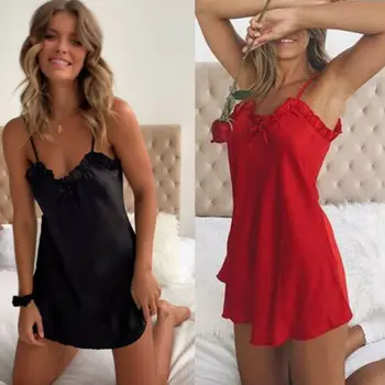 Sexy Women Ladies Summer Sexy Lingerie Satin Silk Sleepwear Babydoll Robe Underwear Nightgowns Pajamas Black Red