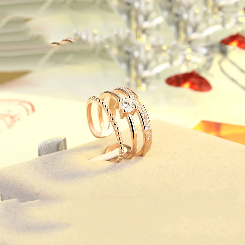 

Ring Three-layer White Gold Color & Rose Gold Color AAA Cubic Zirconia Multilayer Shiny Ring Female Resizable Ring for Women