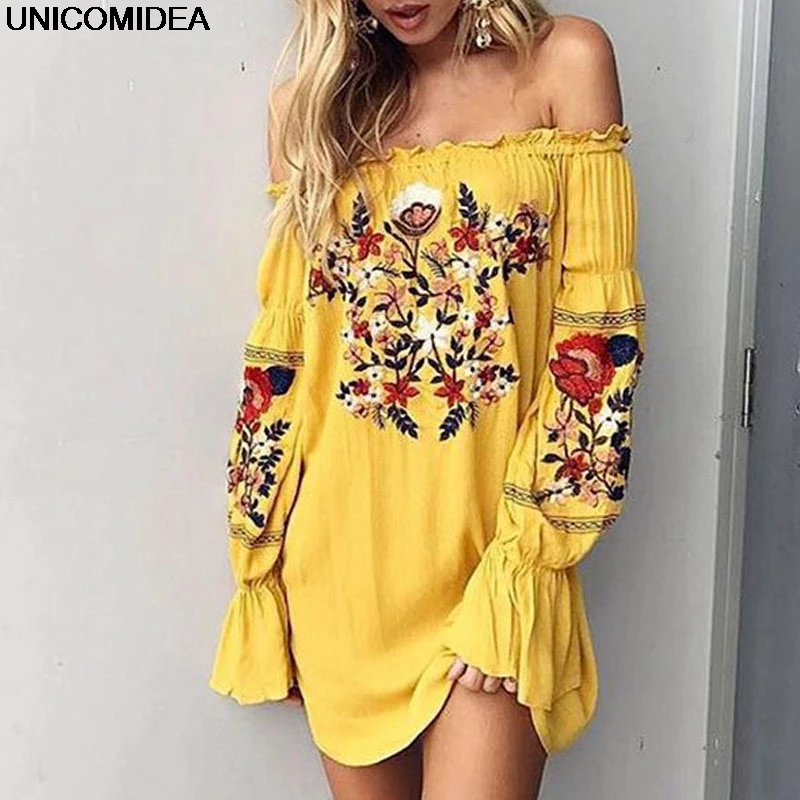 

2019 Women Beach Sexy Slash Neck Off Shoulder Embroidery Flower Floral Casual Dress Long Sleeve Cotton Yellow Short Mini Dresses