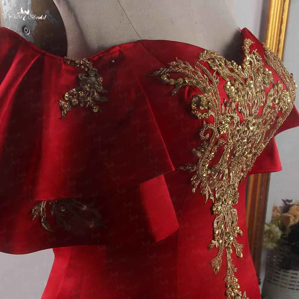 RSE896 с открытыми плечами с оборками на рукавах Золотое кружевное платье с аппликацией в виде сердца с вырезом «русалка» роскошного размера плюс Красное Свадебное плиссированное платье