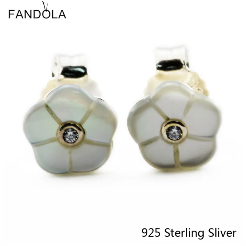 

925 Sterling Silver Luminous Floral Stud Earring, Mother-Of-Pearl & Clear CZ Fit For Women Gift Europe Style Jewelry