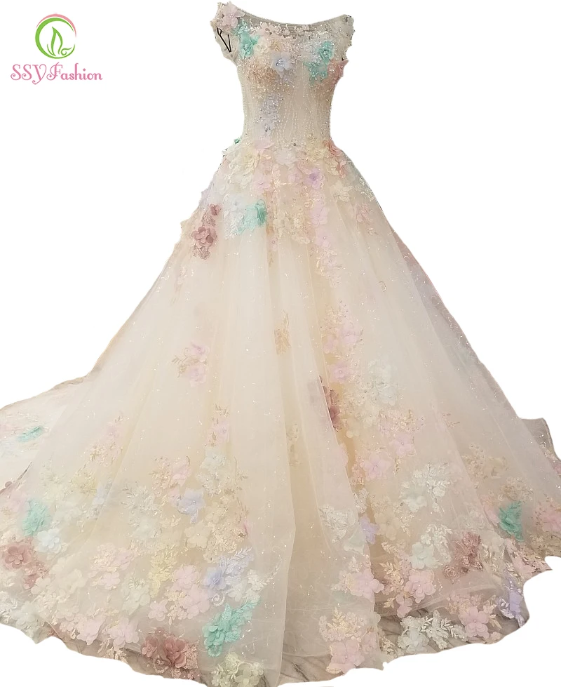 SSYFashion New Luxury Evening Dress High end Multicolor Lace Flower Aplliques Long Prom Party