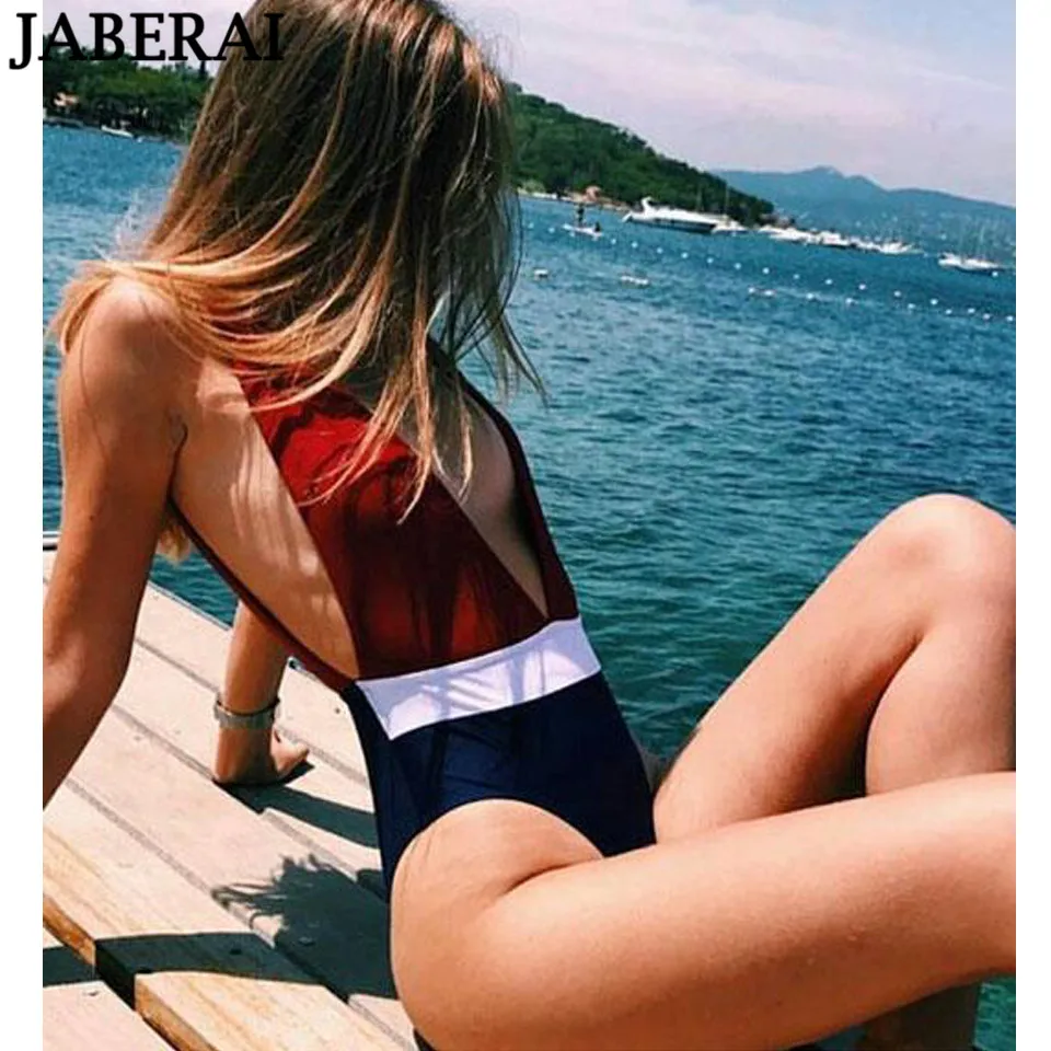 

JABERAI 2019 Deep V Neck One Piece Swimsuit Women Swimwear Patchwork Bathing Suits Push Up Monokini Swimsuit Female Monokini