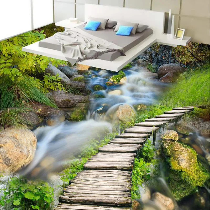 

Custom 3D Photo Wallpaper Creek Wooden Bridge Landscape 3D Room Floor Decoration Paintings PVC Self-adhesive Waterproof Sticker