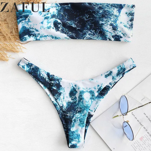 Online ZAFUL Abstrakte Bandeau Bikini Set Frauen Sexy Padded Badeanzug Strand Badeanzug Brazilian Bademode Biquinis Maillot De Bain
