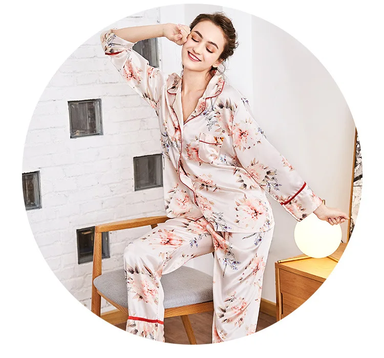 Бренд пижамы для женщин Весна искусственный шелк женский пижамный комплект ночное белье домашняя одежда Брюки 2 шт. костюм
