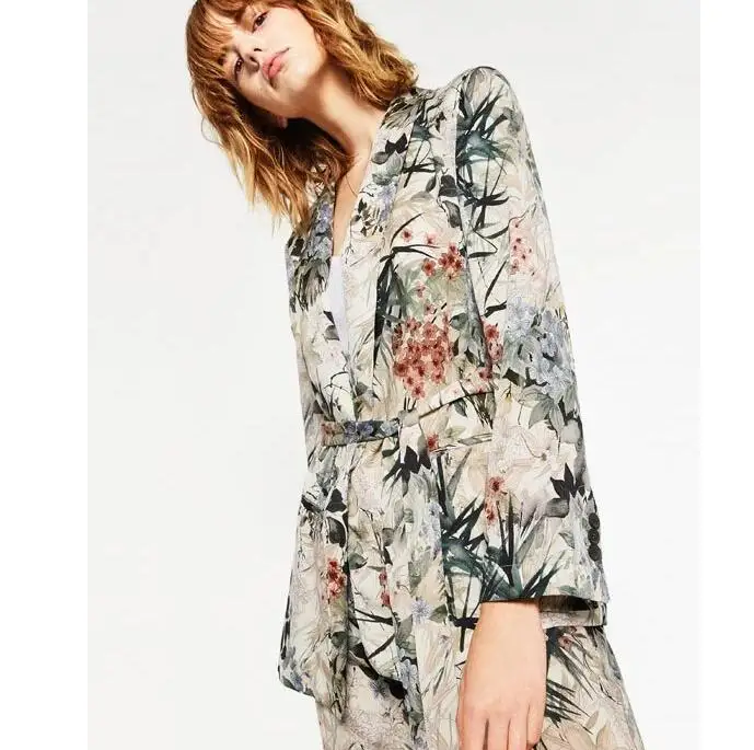 

Retro Printed Leaves Flower Sashes Waist Blazer Casual Women Shawl Collar Slim Fit Suit Jacket Coat Outerwear