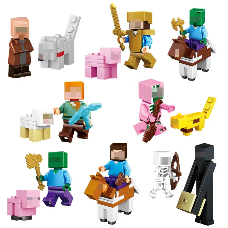 

16Pcs/Lot Minecraft Compatible Building Blocks Toys Steve Alex Zombie Skeleton Weapon Action Figures Gift Toys for children #E