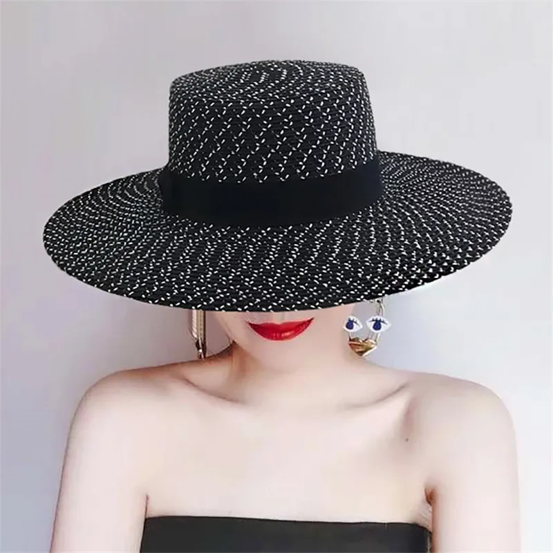 Женская 2019 простая летняя пляжная шляпа черная полосатая Женская Повседневная Панама шляпа Женская плоская шляпа от солнца с бантом