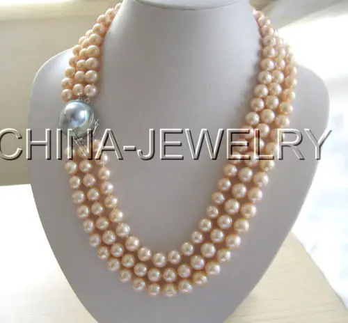 

Fast SHIPPING ****** 21-23" 3row 11mm pink round freshwater pearl necklace-925 silver blister pearl c (A0511) (A0511)