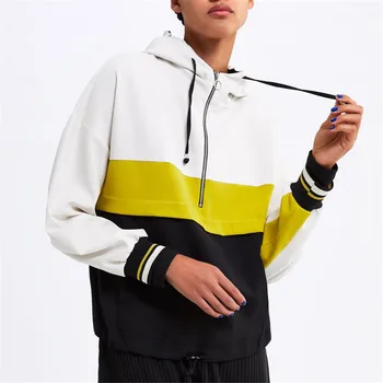 

Women Fashion casual hooded sweatshirts patchwork pockets Drawstring tie pullovers female 2019 autumn casual chic tops