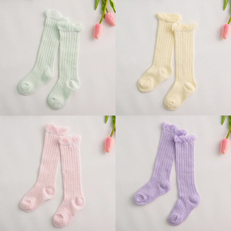 Хлопковые сетчатые Дышащие носки для малышей от 0 до 24 месяцев носки до колена для новорожденных девочек летние носки для маленьких девочек