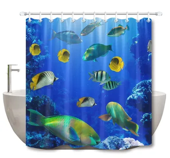 

LB 3D Blue Tropical Fish in Coral Reef Extra Long Underwater Shower Curtain Mat Set Waterproof Bathroom Fabric For Bathtub Decor