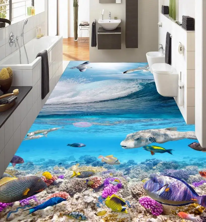 

Customize 3D stereoscopic floor wallpaper murals waves underwater world custom plastic pvc flooring