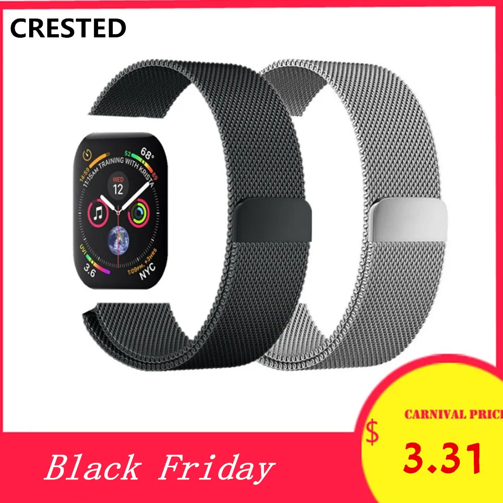 

CRESTED Milanese Loop For Apple Watch band 4 44mm/42mm Stainless Steel correa iwatch series 3 2 1 40mm/38mm wrist Bracelet belt