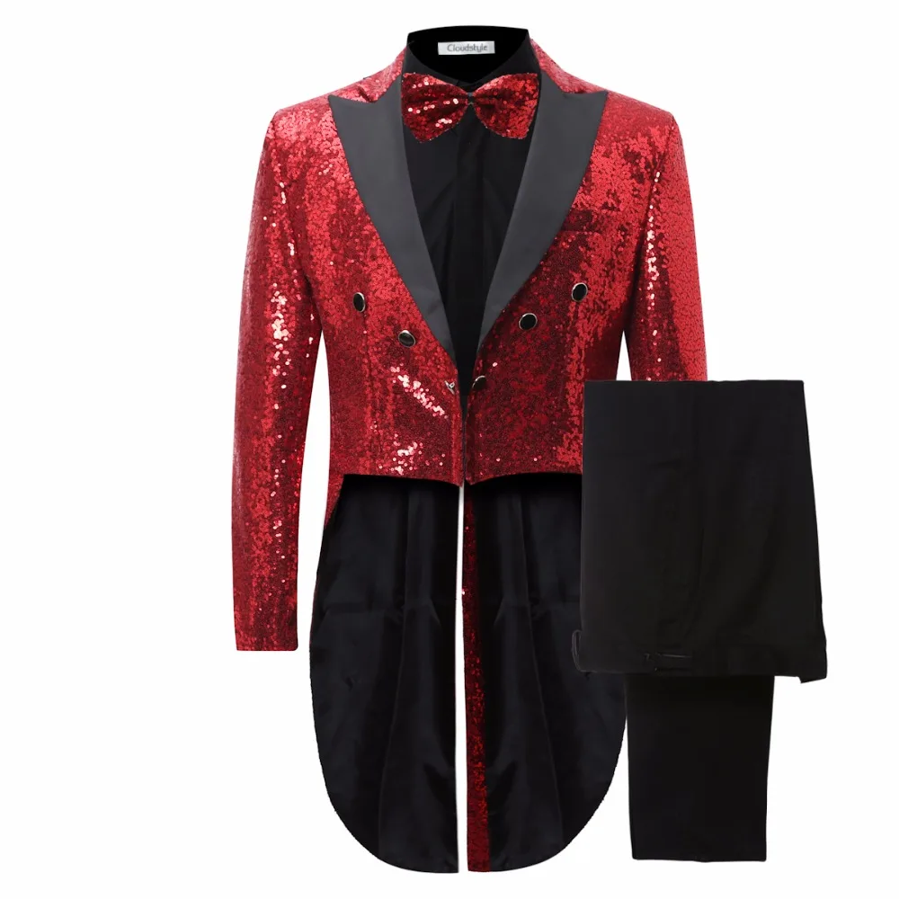 Red Sequins 2017 New Design Long Tuxedo Jacket Slim Men Suit Set Pants