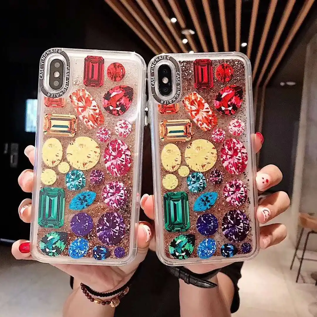 

Stylish diamond flash liquid sandbox case for iphone 6 6s 7 8 plus 3D dynamic gold beach hard shell cover for iphone x xs max xr