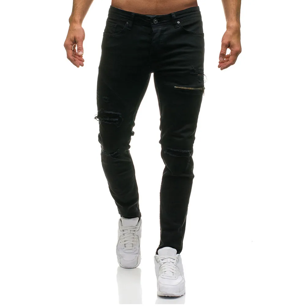 Мужские узкие джинсы Стильные джинсы на молнии повседневные джинсовые брюки с дырками - Цвет: Black