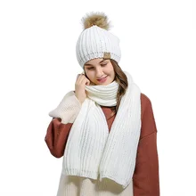 2 pieces Hat and Scarf Women Hat Scarf Winter Long Knit Fur Scarf winter cashmere knitting wool cap warm female leisure scarf multi function deer pattern cashmere warm keep hat scarf black white