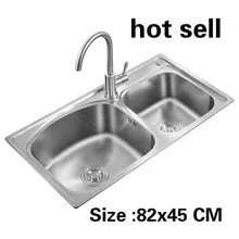 Квартиры пищевой 304 Нержавеющая сталь стандарт двойной кухонный паз раковина горячая 82x45 см