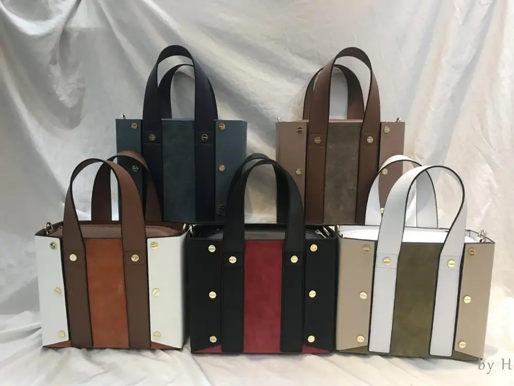 

by H 2019 new arrival patchwork strip bag suede leather square shoulder bag rivet top handle bag luxury designers high quality