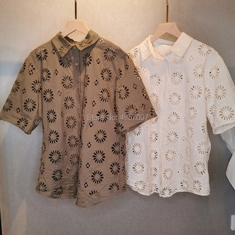 Cotton Hollow Out Flower embroidered Blouse Top With Short Sleeve& Lapel Neck