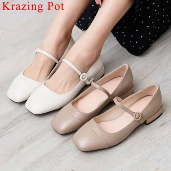 

Krazing Pot 2019 genuine leather buckle strap low heels vintage square toe concise style women pumps streetwear Spring shoes L08
